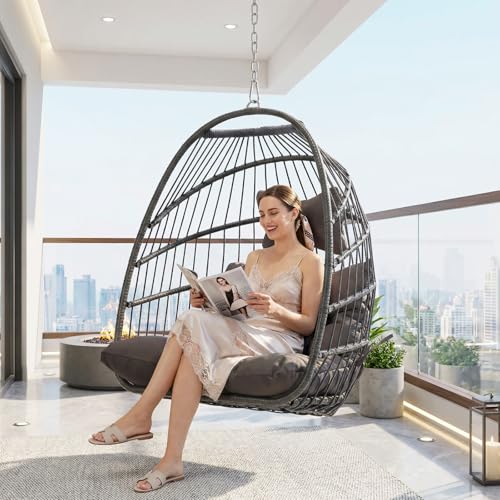 BULEXYARD Hanging Egg Chair Without Stand 350lbs Capacity, Grey Wicker