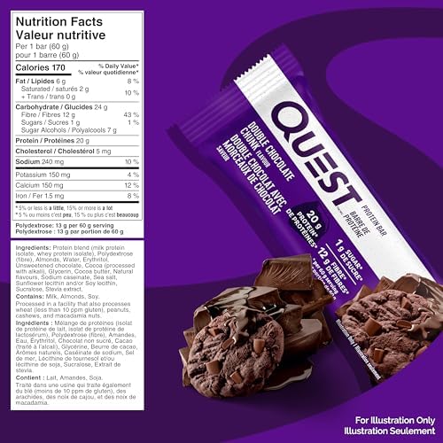 Quest Nutrition Double Chocolate Chunk Protein Bar, High Protein, High Fibre, Low Sugar, Keto Friendly, 20g Protein, 1g Sugar, 4ct - 1