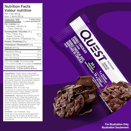 Quest Nutrition Double Chocolate Chunk Protein Bar, High Protein, High Fibre, Low Sugar, Keto Friendly, 20g Protein, 1g Sugar, 4ct