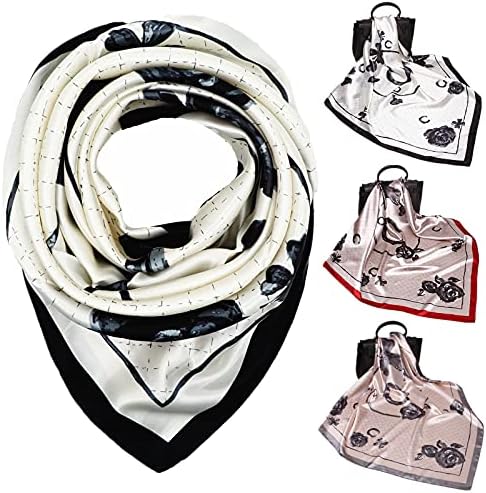 RUOLIN 3PCS 35×35 inches large square women's satin silk like head scarf fashion pattern silk feeling hair sleeping wrap (05 Red White pink, Black Floral print)…