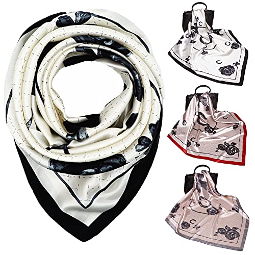 Ruolin 3Pcs 35×35 Inches Large Square Women's Satin Silk Like Head Scarf Fashion Pattern Silk Feeling Hair Sleeping Wrap (05 Red White Pink, Black Floral Print)… #TOP2
