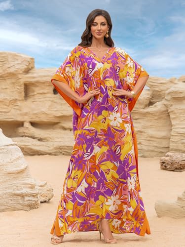 Image of KECVOT Kaftan Dresses for Women V-Neck Print Swimsuit Cover Up Plus Size Beach Caftan Lounge Dress