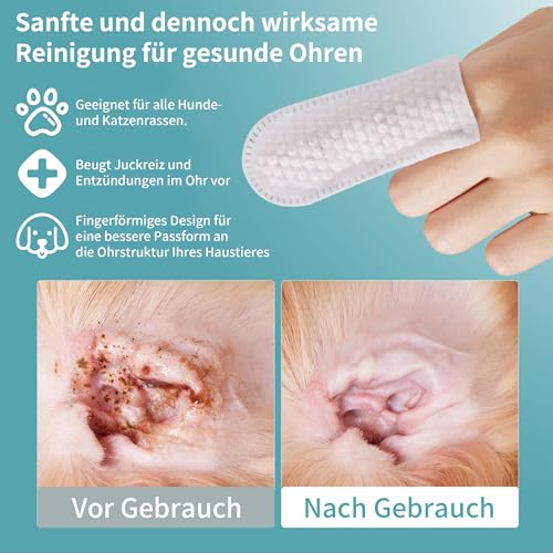 PETCLEAR Ohrpflege Finger-Pads für Hunde & Katze | Besonders weiche & milde Einweg-Reinigungspads | Hunde Ohrenreiniger Ohrenpflege gegen Ohrenentzündung Ohrmilben u. Hygiene bei Hund Katze | 50 Stück