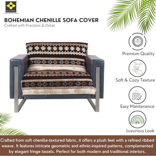 Image of Elegant Woven Brown Sofa Cover - Soft Chenille Traditional Pattern with Lace Style | L-Shape Sectional Seat Protector for Living Room | Durable & Stylish Slipcover 1 Seater