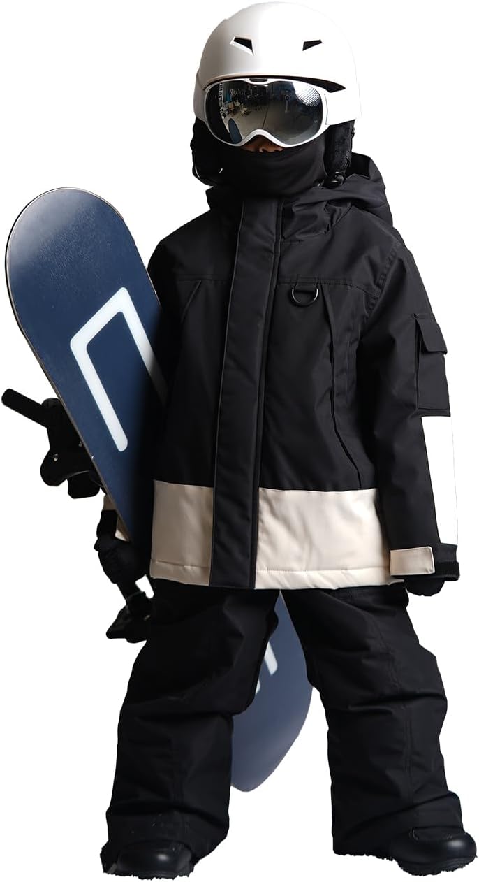 IMGO Black and White Contrast Color Kids Snow Sui Outdoor High-Waterproof Breathable Ski Jacket with Quilted Lining