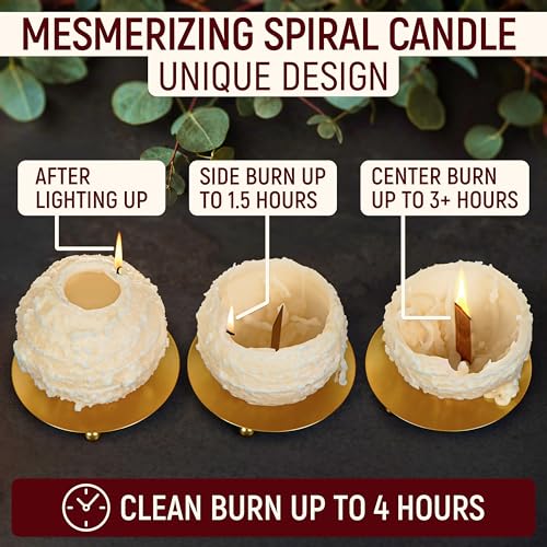 Image of Spiral Candles Burn Around, 4.5 Inch Beige, Unscented, Metal Base | Beeswax Soy Blend, Twisted Wave Design, Approx. 4-Hour Use, 10 oz Gift for Women