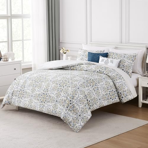 Image of Modern Threads 5-Piece Printed Comforter Set, Matisse King in White Gold - Soft Comforter, 2 Pillow Shams, and 2 Decorative Pillows