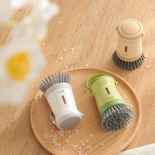 Image of Dishwashing Brush with Soap Dispenser：Dish Brush,for Kitchen Cutlery,Pots and Pans Sink Cleaning,Dishwashing Brush Set with Base (Beige)