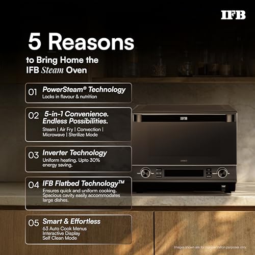 Image of IFB 34L, 1000 W, FlatBed with Inverter Technology, 63 Autocook menus, PowerSteam, 6 Power levels, SelfClean, Steralise mode, LCD Display, Convection & Grill Microwave Oven (34FBBSC2, Metallic Grey)