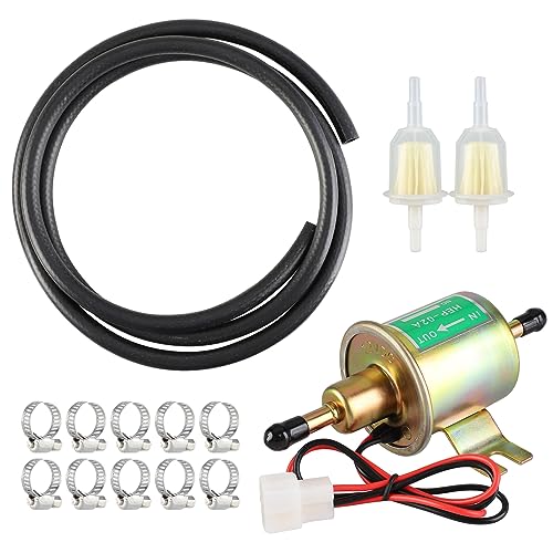 CarBole 12V Bomba de Combustible Eléctrica 4-7PSI,Bomba de Gasolina Universal,HEP-02A,Adecuado para Gasolina y Diesel,con 2m Manguera de Combustible,Filtros de Gasolina y 10×Abrazaderas de Sujeción