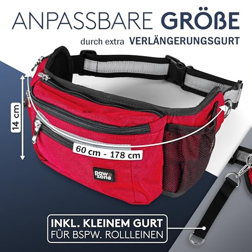 PAWZONE Futterbeutel Hunde - Leckerlibeutel für Hunde - Bauchtasche für Hunde Zubehör - Leckerlitasche für Hunde - Inkl. Reflektorband & Zusatzgurt für Flexileine (Feuerrot)