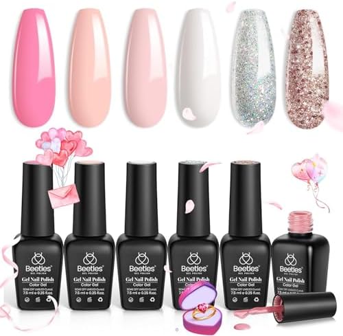 Beetles French White Gel Nail Polish Set- 6 Pcs Nude Pink White Glitter Gel Polish Set Soak Off UV LED Nail Lamp Gel Nail Kit Manicure Kit DIY Home Salon Nail Art Valentines Gifts for Women