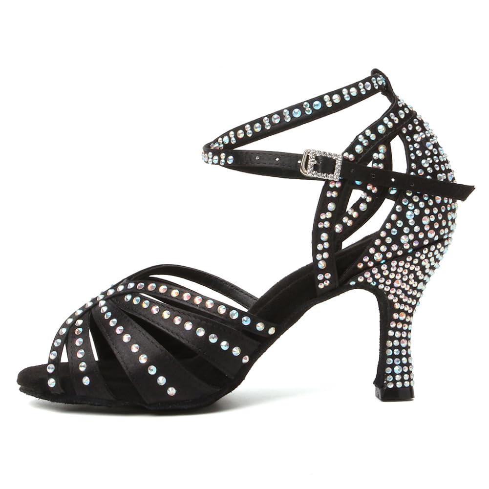 Damen Latin Tanzschuhe Strass mit Offener Spitze Ballsaal Salsa Chacha Social Performance Tanzschuhe