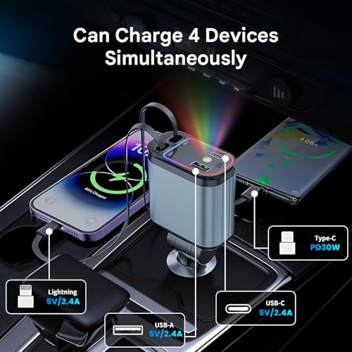 Image of Humble 120w car Charger with Starry Lights, 4-in-1 Retractable Car Phone Charger with Dual Cables (Type C & Lightning) + USB-A & Type C Ports Compatible with iPhone 17 /16 /15 /14 /13, Samsung, Android