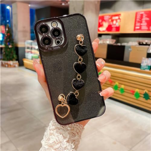 Housse de sangle chic pour iPhone 13 12 11, étui de téléphone noir et bracelet cœur