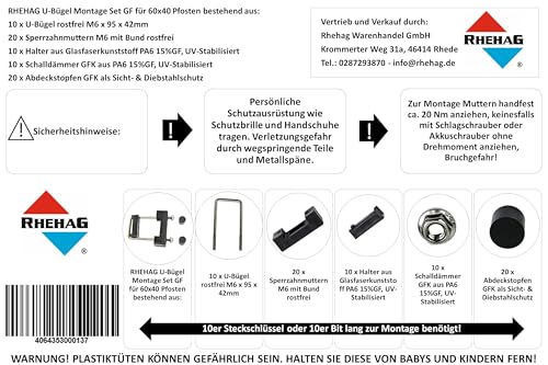 RHEHAG 10er U-Bügel Montage Set GF 60x40 Pfosten Doppelstabmatte 10 Stück
