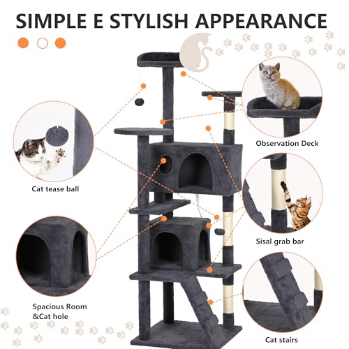 Image of BestPet | 62 inch Cat Tree Tower | Dark Gray | Sturdy Multi-Level Cat Tree