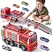 Fire Trucks Toy Set for Boys Age 3-5 4-7, Fire Car Truck for Toddlers 3 4 5 6 Years Old, Transport Truck Christmas Birthday Gifts Race Car Sets, Kids Toddlers Firetruck Toys with Light Sound Shooting