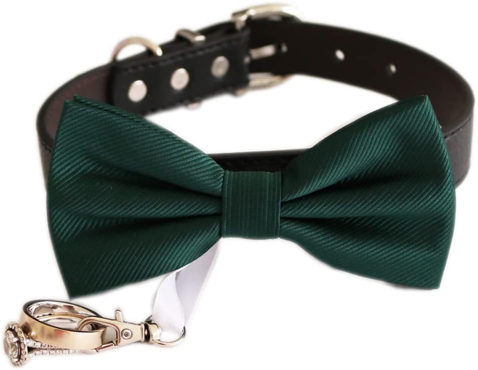 Emerald Green bow tie collar Leather collar dog ring bearer bow tie collar Leather collar Wedding dog collar ring bearer adjustable handmade XS to XXL collar and bow, Puppy Proposal