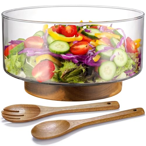 Large Glass Salad Bowl with Eco-Friendly Acacia Wood Tongs Durable Non-Slip Design Versatile Serving Bowl for Salads Fruits Snacks Perfect for Parties & Family Dining