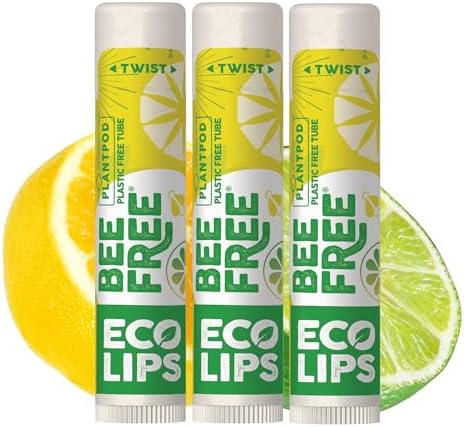 Vegan Lip Balm Lemon Lime Flavor 3 Pack - Bee Free with Candelilla Wax, Cocoa Butter & Coconut Oil Lip Care. Soothe & Moisturize Dry, Chapped Lips - 100% Plastic-Free Plant Pod Packaging - Made in USA