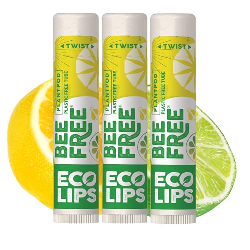 Eco Lips Vegan Lip Balm Lemon Lime Flavor 3 Pack - Bee Free with Candelilla Wax, Cocoa Butter & Coconut Oil Lip Care. Soothe & Moisturize Dry, Chapped Lips - 100% Plastic-Free Plant Pod Packaging - Made in USA