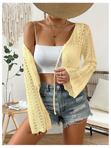 Image of Verdusa Women's Tie Front Crop Cardigan Bell Long Sleeve Scalloped Lightweight Knit Tops Summer Beach Cover Up