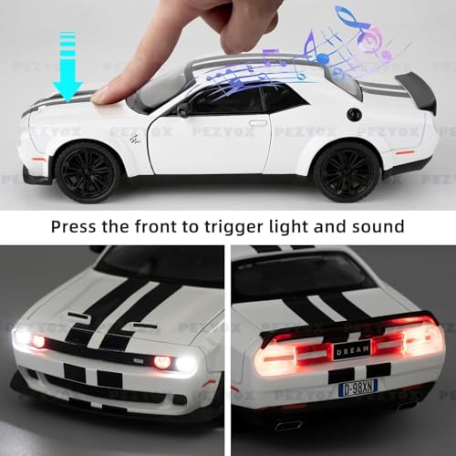 Image of 1:22 Dodge Challenger SRT Hellcat Die Cast Toy Car with Sound Light Pull Back Action Model Vehicle for Kids & Collectors Realistic Design Great Gift for Car Enthusiasts (White)