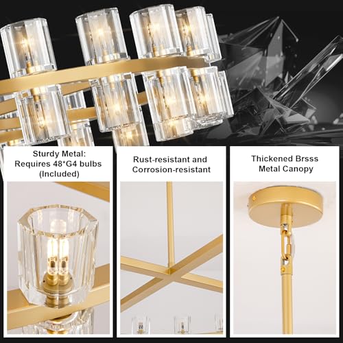 Image of Modern 48 inch Gold Round Chandelier Light Fixture,Crystal Chandeliers for Dining Room,Living Room, Wagon Wheel Chandelier Over Table, Chandeliers for Bedroom,Foyer,G4 Bulbs Included