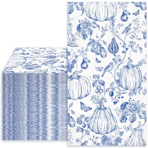 Whaline 40 Pcs Fall Thanksgiving Guest Napkins Blue Pumpkin Disposable Paper Napkin Chinoiserie Toile Dinner Hand Napkin Towel for Autumn Home Party Kitchen Bathroom Supplies Table Decor