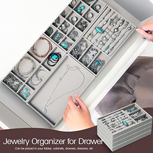 16 Pcs Small Stackable Jewelry Organizer Trays For Drawers, 8.3X5X1 Inch Small Velvet Jewelry Closet Dresser Inserts Divider Rings Earring Storage Display Gift For Women Girl Wedding Birthday (Gray) #TOP5