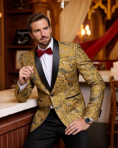 YND Men's Floral Tuxedo Jacket, Luxury Embroidered Blazer, Dress Suit with Bow Tie for Wedding Party Prom Dinner3
