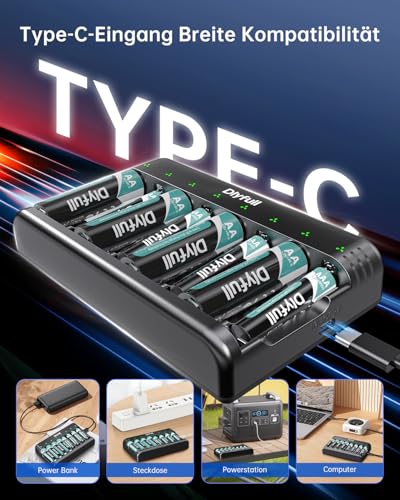 Dlyfull Ladegerät Batterien AAA AA, 8 Fach Akku Ladegerät für NI-MH/NI-CD Mignon AA und Micro AAA mit LED Anzeige, 5V/2A USB-C Schnell Batterieladegerät für Wiederaufladbaren Batterien (Schwarz)