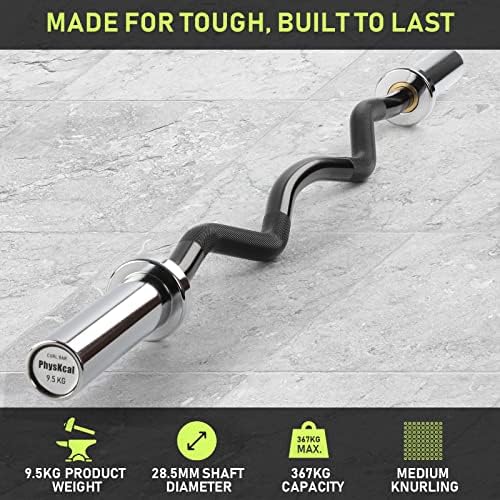PhysKcal EZ Curl Bar, 47 Inches/1.2m Olympic EZ Bar with Smooth Bushing & Bearing for 2 Inches Weight Plates, Excellent for Biceps Curls and Triceps Extensions, with 2 Spring Collars Included
