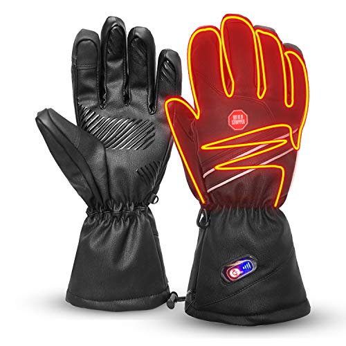 Refial Heated Gloves for Men Women, Winter Warm Leather Gloves Rechargeable Battery Gloves Touch Screen Thermal Gloves Ski Motorcycle Cycling Gloves Hand Warmer