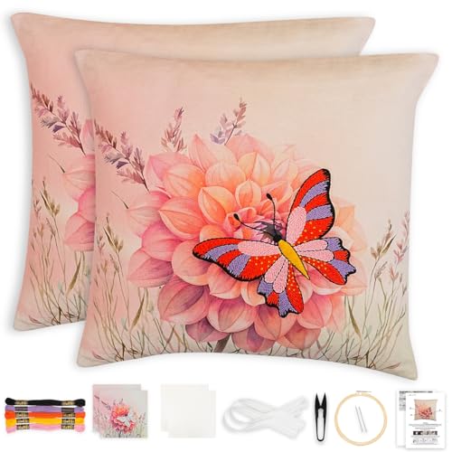Image of picknMAKE Pack of 2 DIY Cushion Cover Hand Embroidery Kit Set for Beginners with Butterfly Bliss DIY Craft Cushion /Pillow Cover|16 inchX16|Digitally Printed Embroidery Patterns|All Materials Included