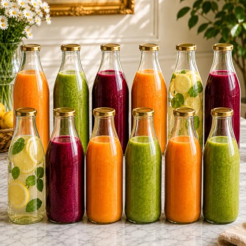 Image of Pure Source India 1 Litre Glass Bottle with Gold Metal Lid - Reusable, BPA-Free, Leak-Proof Beverage & Milk Storage Container (Set of 12), CLEAR
