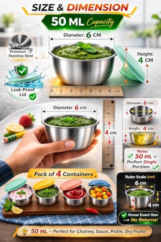 Image of M MCIRCO Stainless Steel Mini Storage Containers with Lid (Pack of 4, 30 ml) Leak-Proof Small Round Sauce & Chutney Cups for Kids Tiffin, Lunch Box, Salad Dressing, Snacks, Travel Food Container