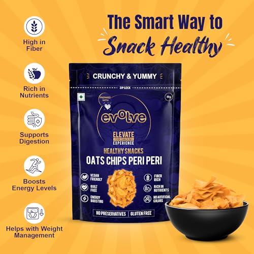 Image of Evolve Oats Chips Healthy Snacks for Kids, Adults | Gluten Free, Vacuum Fried, High in Protein, Low Calorie, Peri Peri Flavor - 100g Pack of 3
