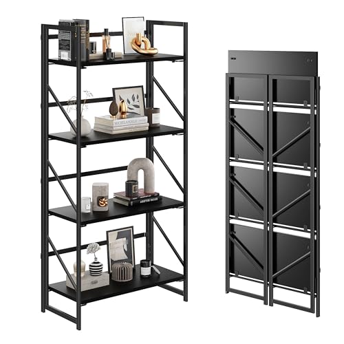 Image of JSB No Assembly Folding Bookshelf, 4 Tier Industrial Metal Book Shelf for Storage, Vintage Wood Foldable Bookcase for Living Room, Bedroom, Office Organization Shelves