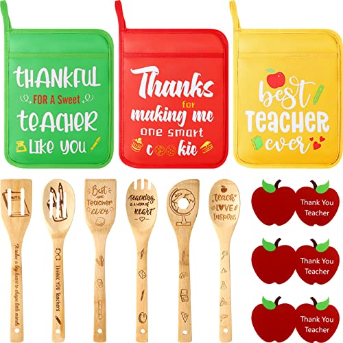 Hoolerry 12 Pcs Teacher Appreciation Gifts for Woman 3 Oven Mitt Pot Holder 6 Bamboo Utensil Set 3 Teacher Gift Greeting Cards Thank You Teachers Gifts for Back School Graduation Retirement