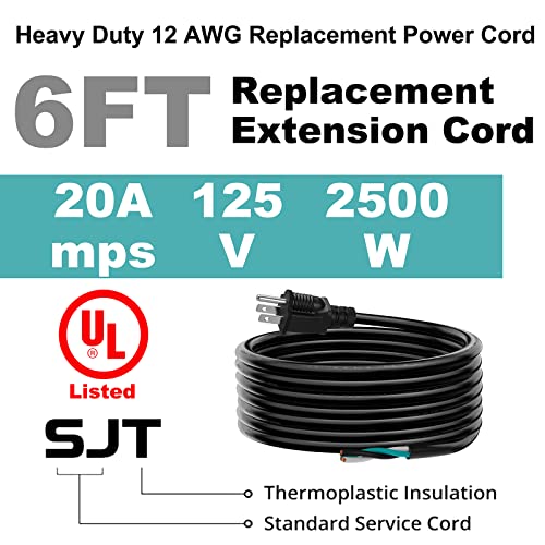 6 Ft 12 Awg 3 Prong Replacement Power Cord, 20 Amp 12 Gauge 3 Conductor Wire Extension Cable With Pigtail Open Wiring End. #TOP1