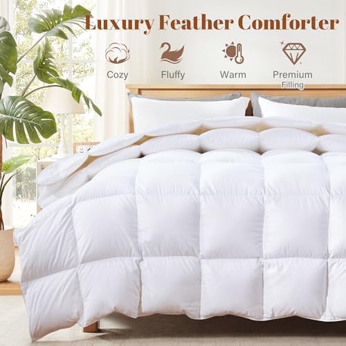Cosybay Heavyweight Queen Size Feather Down Fiber Comforter - White Thicker Winter Duvet Insert, Ultra Soft 100% Cotton Cover, Luxury Hotel Bedding with Corner Tabs, 90"x90" - Thumbnail 3