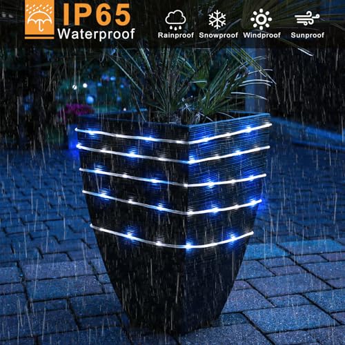 Solar Rope Lights Outdoor, 33FT 135 LED Solar String Lights for Outside, Waterproof Solar Powered Fairy Light with 8 Lighting Modes for Camping Patio Trampoline Holiday Decorations, Blue and White - Thumbnail 5