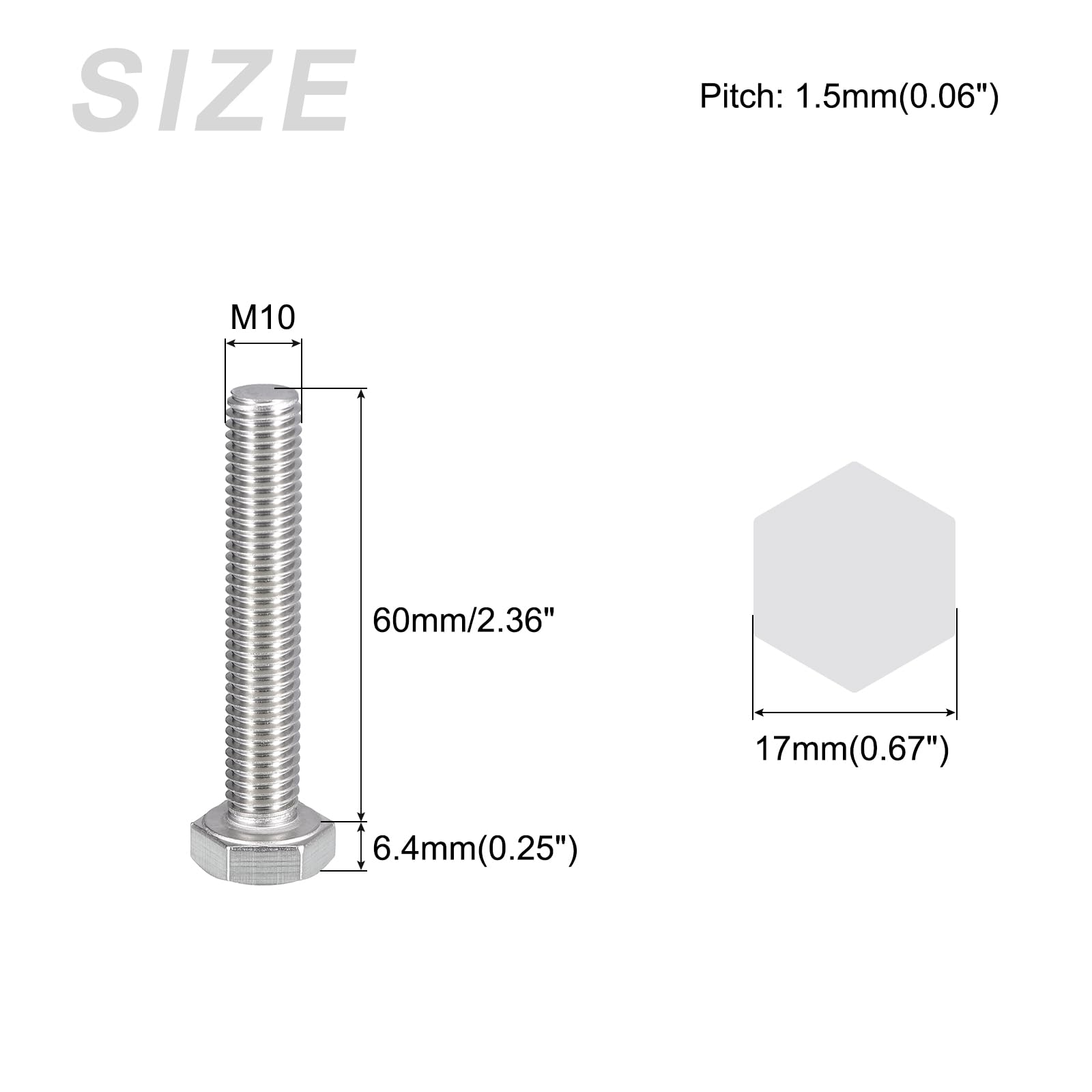 METALLIXITY Hex Bolts (M10-1.5x60mm) 10Pcs, 304 Stainless Steel Coarse Fully Threaded Hex Head Screw Bolt Machine Screws - for Furniture Repair - Image 2