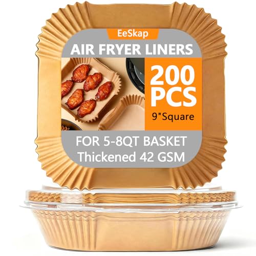 Image of 200 Pcs Unbleached Air Fryer Liners 9 Inch, Non-Stick Disposable Parchment Paper Squares for Air Fryer, Microwave, Steamer & Oven - Oil-Proof, Waterproof, Ashesive-Free (8 inch Bottom)