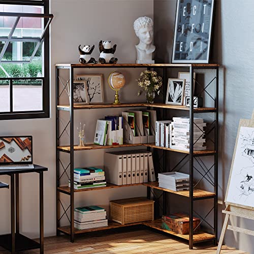 IRONCK 5-Shelf Corner Bookcase, Vintage Industrial Corner Bookshelf Etagere Bookcase, 5 Tiers Corner Shelf Storage Rack with Metal Frame for Living Room Home Office