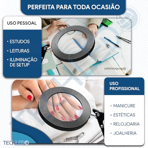 Luminaria Led Ring Light de Mesa Articulavel Abajur C/Garra Controle Intensidade Lupa Aumento Branca