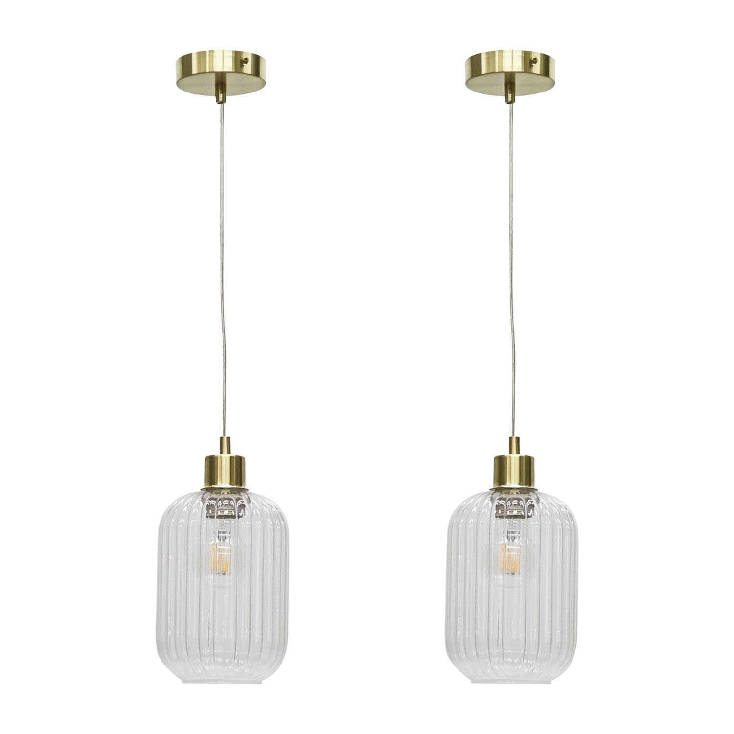firstchoicelighting Set of 2 Ribbed Glass Ceiling Light Pendants with Satin Brass and Clear Cable, Height Adjustable 23-130cm, Kitchen Island Dining Lighting