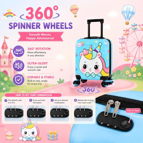 Image of Storite 18 in Unicorn Theme Kids Trolley Bag | Hard-Sided Polycarbonate Travel Suitcase Spinner Cabin Luggage(Blue - 35 x 23 x 38 Cm)